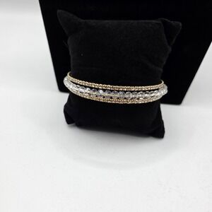 Gold Tone Rhinestone and Crystal Bead Multi Row Cuff Bracelet Bridal Glamour